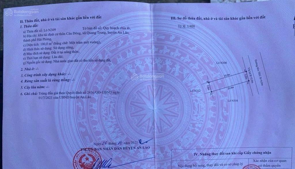 Bán lô đất 100mv tđc câu đông quang trung an lão hải phòng