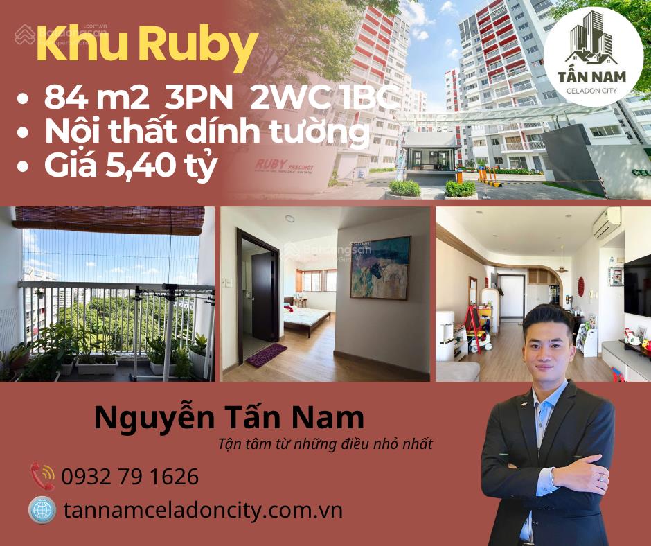 Bán căn hộ 3pn celadon city khu ruby  84m2 ban công rộng, view xanh, giá chỉ 5.4 tỷ