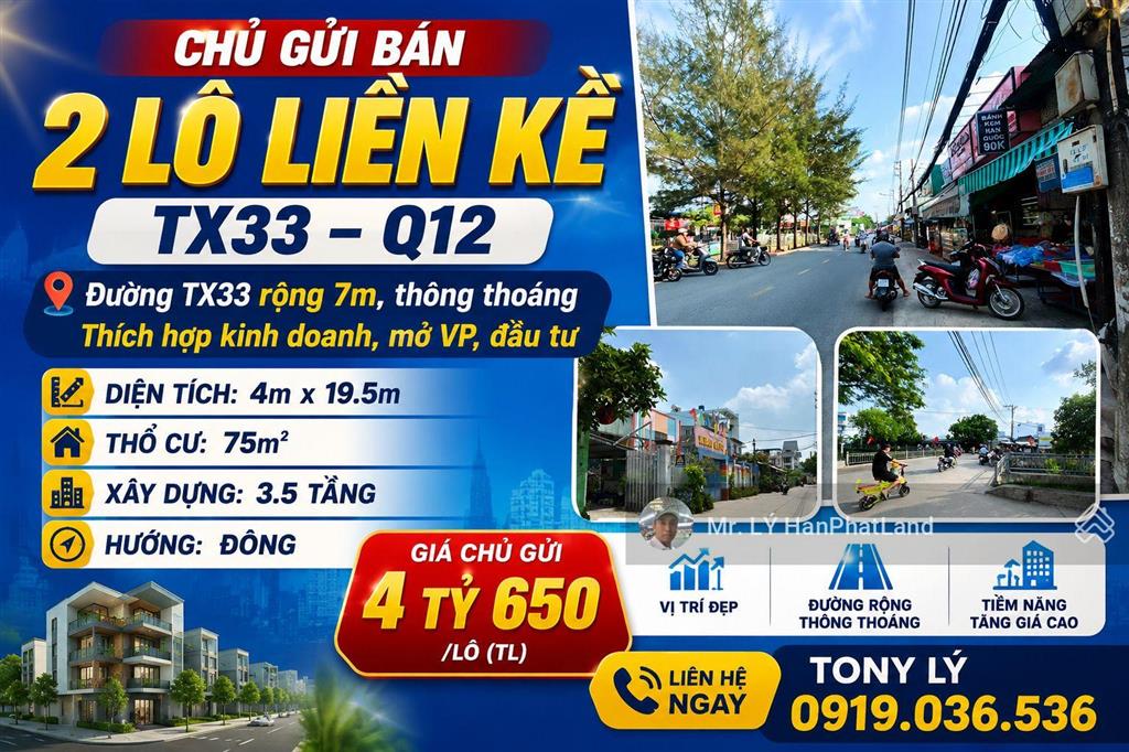 Cg 2 lô liền kề mặt tiền tx33 vị trí buôn bán đẹp. 4x19,5m giá 4,65 tỷ