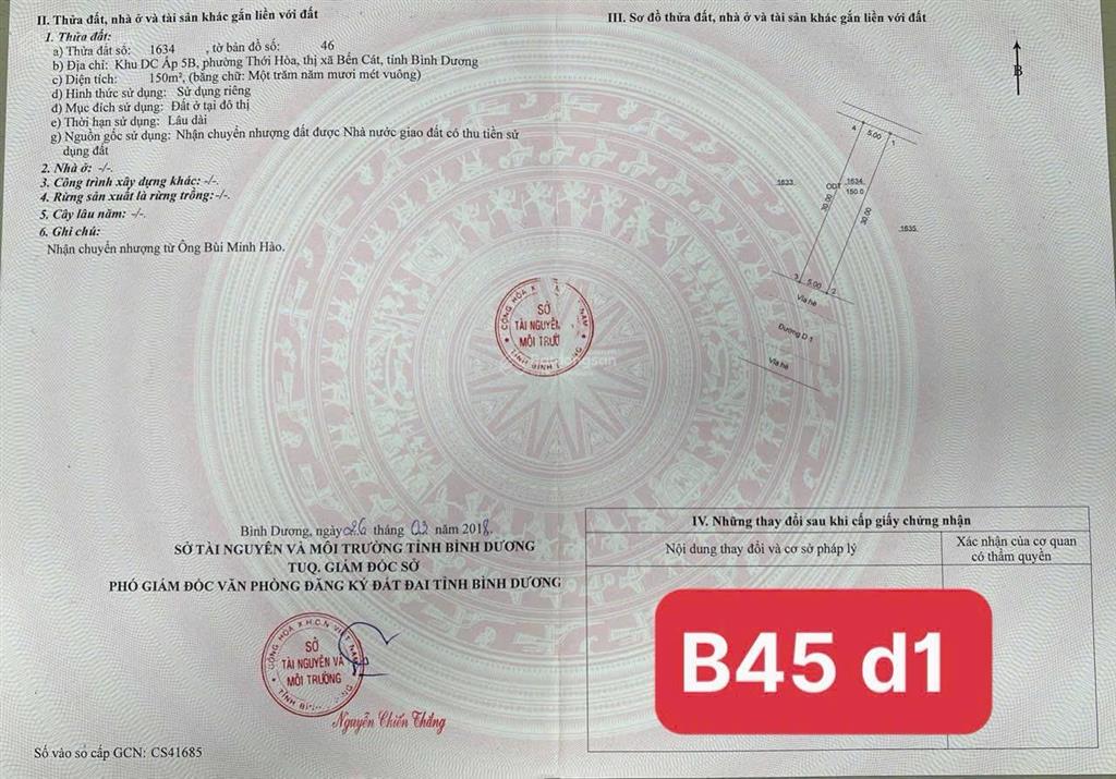 Chính chủ cần tiền gấp bán lô 5x30 full tcd1 mỹ phước4 sau đhqt việt đức khu vực nhiều biệt thự