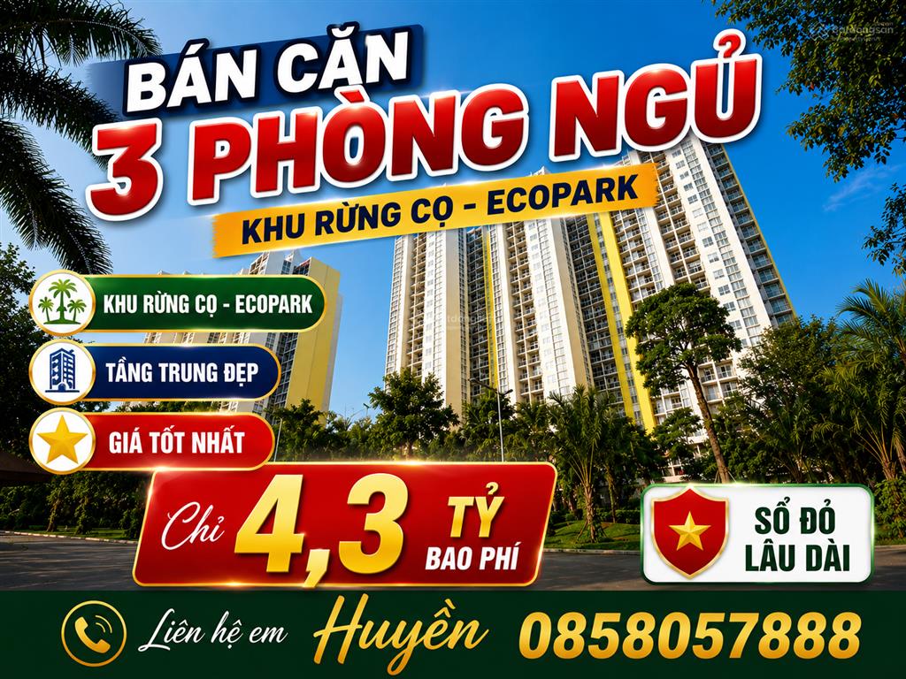 Ecopark bán căn góc 92m2  3pn  tầng trung  sổ lâu dài. giá chỉ 4.3 tỷ bao phí !