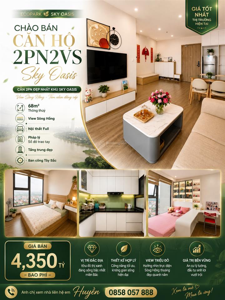 Ecopark bán căn hộ sky oasis 68m2 (2pn2vs )  đủ đồ  tầng trung  sổ lâu dài