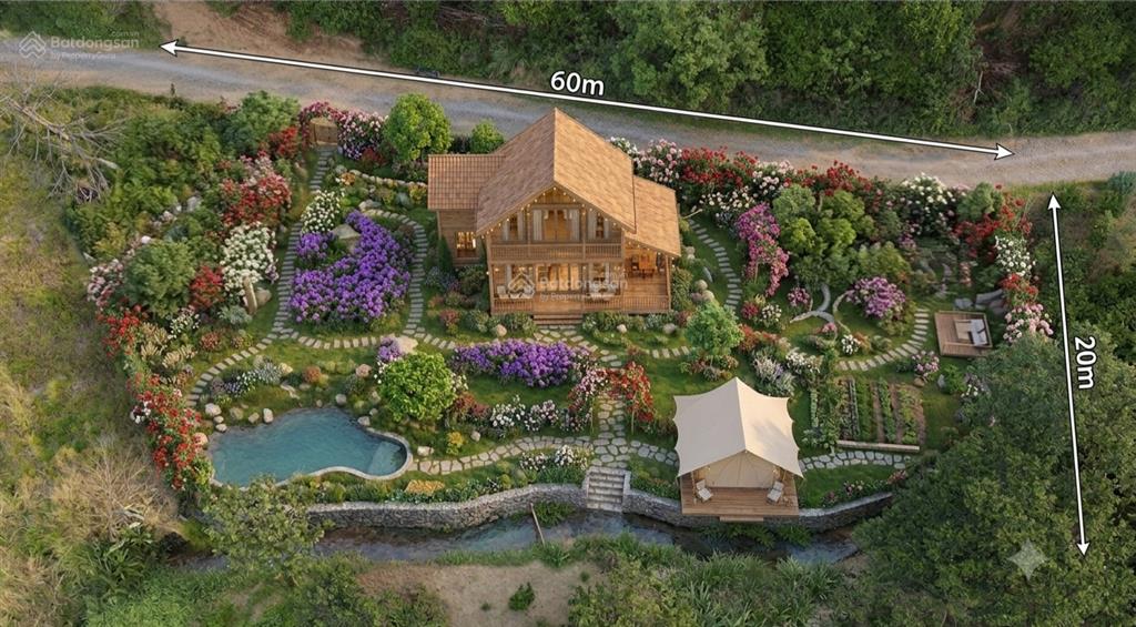 Nhà vườn nghỉ dưỡng bên suối sẵn 200m2 thổ cư  xây dựng nhà gỗ, bản vẽ sẵn có, đầu tư đón hạ tầng