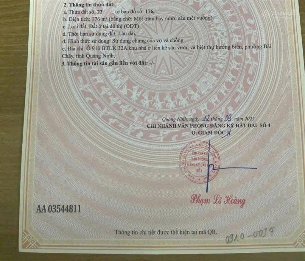 Chính chủ bán đất biệt thự 176m² bãi cháy, sổ đỏ lâu dài