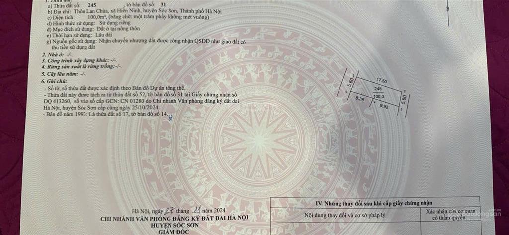 Tôi chính chủ bán 100 m2 full thổ cư  xã nội bài  hà nội hai mặt ngõ mt = mh = 5,6 m