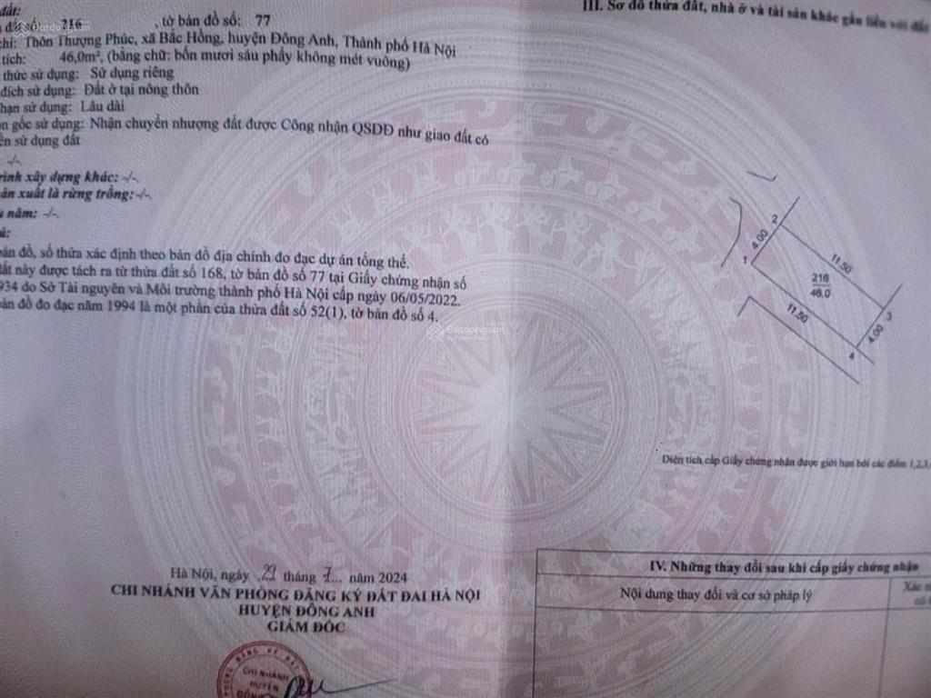 Cần bán sớm lô góc 46m2 thổ cư thượng phúc bắc hồng đường thông ô tô tải đỗ trước đất