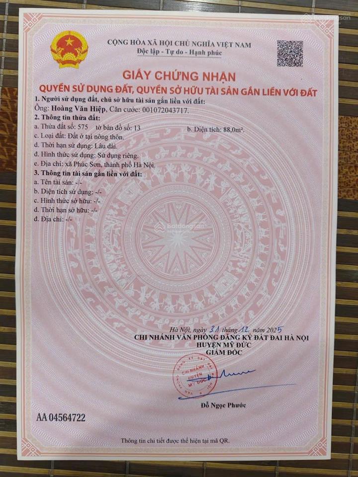 Chỉ 1,5 tỷ sở hữu 88m² đất phúc sơn mỹ đức sổ đỏ riêng, mặt tiền đẹp