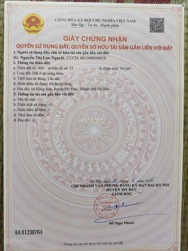 Chỉ 1,4 tỷ sở hữu ngay 54,3m² đất thôn thượng hồng sơn, tp hà nội  sổ đỏ riêng