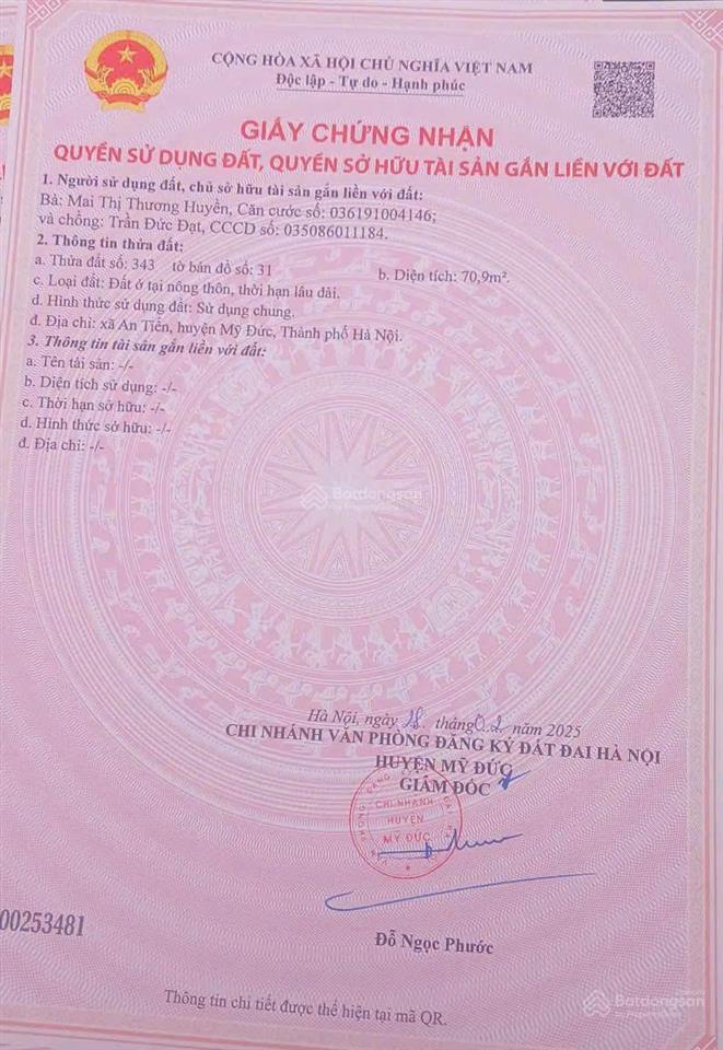 Chính chủ gửi bán lô đất đẹp tại an tiến, mỹ đức sổ hồng lâu dài