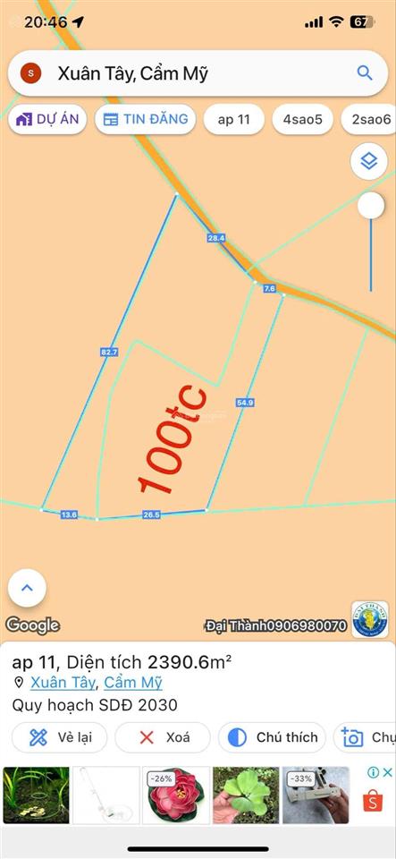 2400m2 thổ cư 100m2 giá bán 580tr/sào sát nhựa xuân tây 35m mặt tiền bê tông đất bằng + đường thông