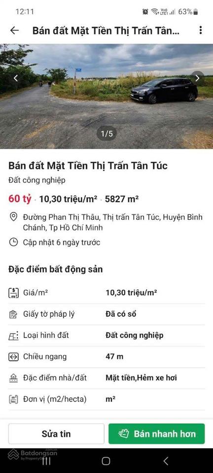 Bán gấp đất tt bình chánh chính chủ dt 5 sổ, 6000m2 giá bán 12tr/m2(tl). cách trung tâm huyện