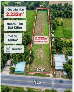 2.232M² ĐẤT MẶT TIỀN HL2- CỦ CHI – NGANG 17M – 400M² THỔ CƯ – GIÁ 26 TỶ