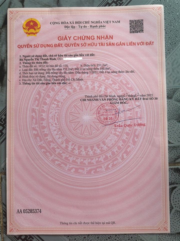 Cần tiền bán nhanh lô đất tại ấp núi cậu, dầu tiếng, dt 251,2m2, giá 2,5 tỷ