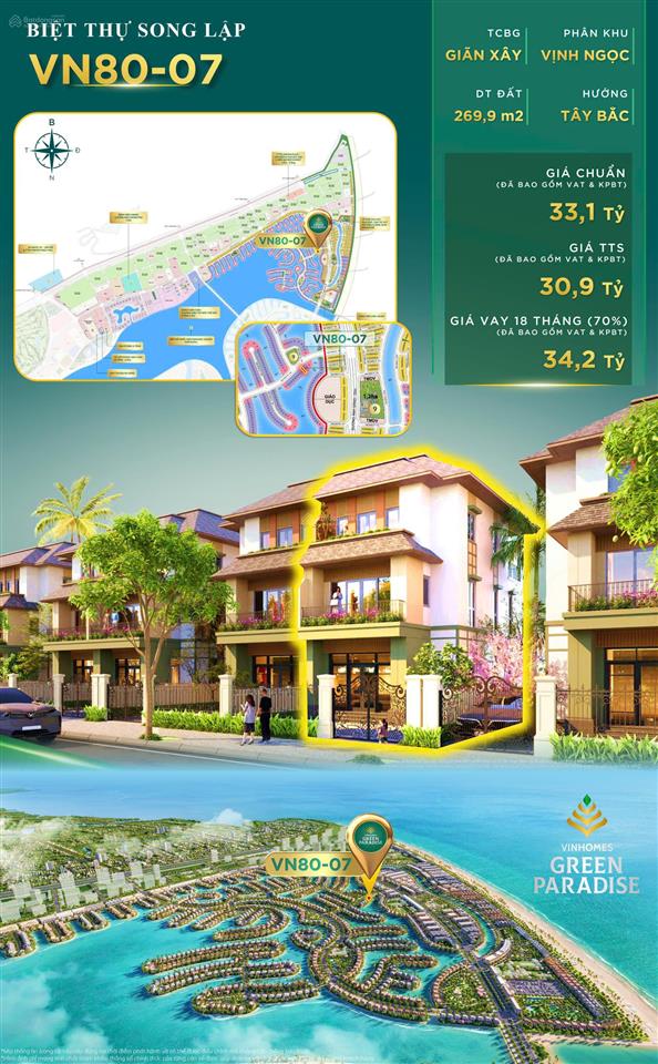 Bán villa song lập trực diện công viên tại khu vịnh ngọc vinhomes green paradise cần giờ, 093661666