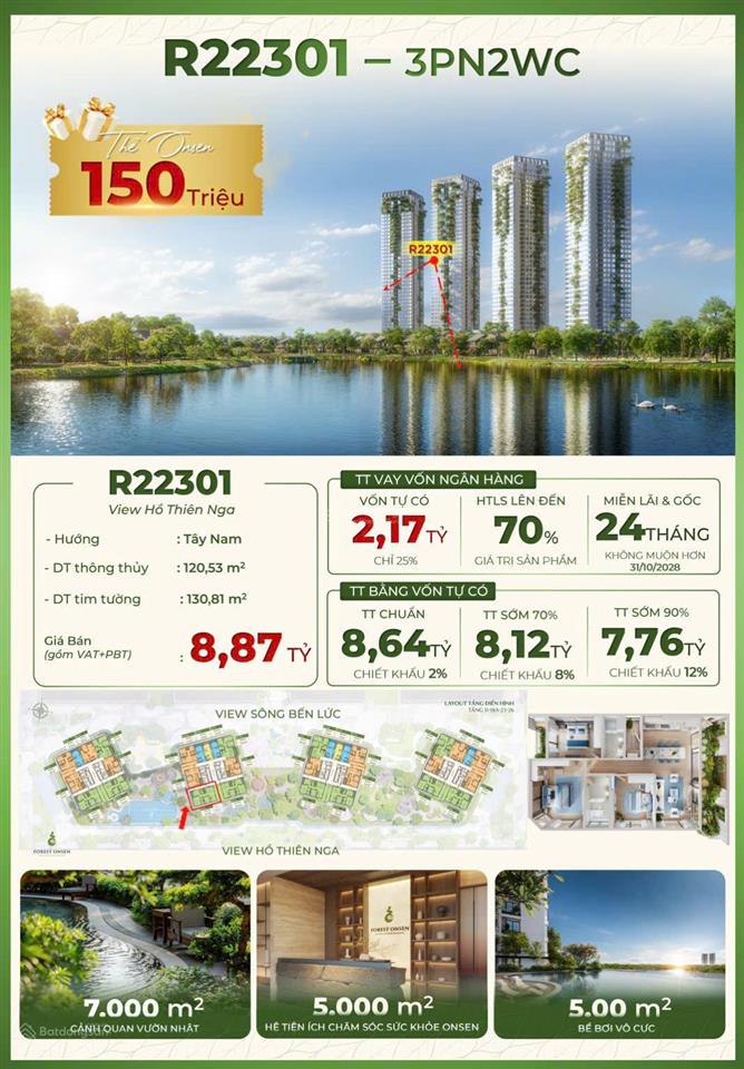 Cần bán căn 3pn forest onsen eco retreat view trực diện hồ thiên nga, 0936 616 ***