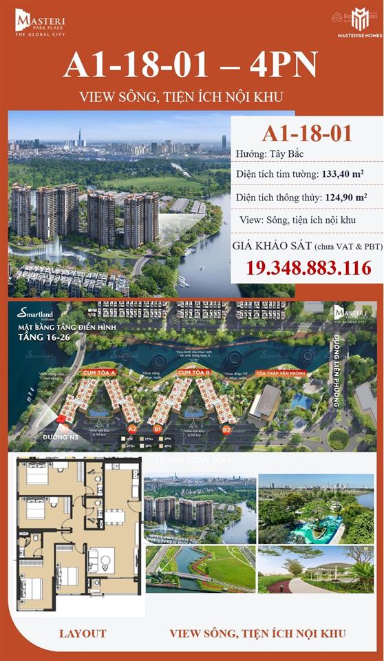 Cần bán căn hộ masteri park place 4pn view sông the global city,  0936 616 ***