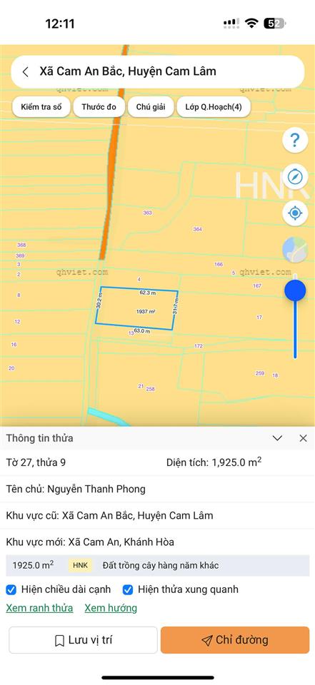 Hiền lương  cam an  1925m2  31 x 62  đường bê tông  giá 1 tỷ 950