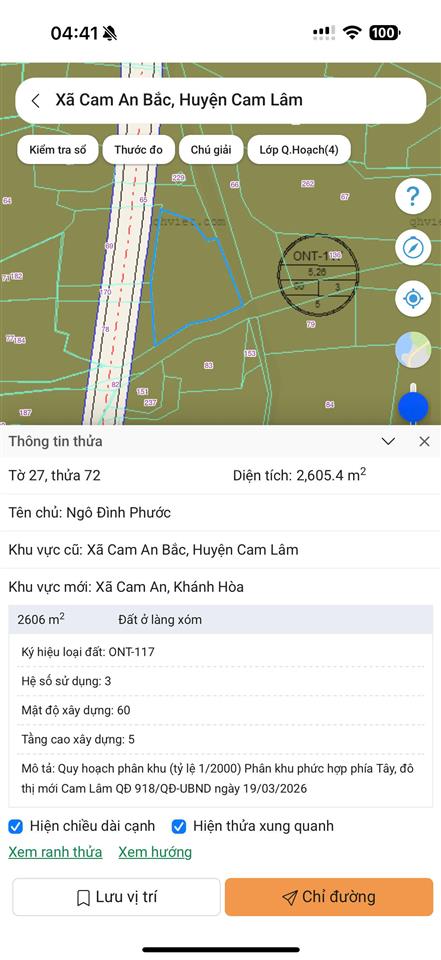 Hiền lương  cam an  2605m2  41m mặt tiền đường bê tông  quy hoạch đất ở  giá 390 triệu/sào