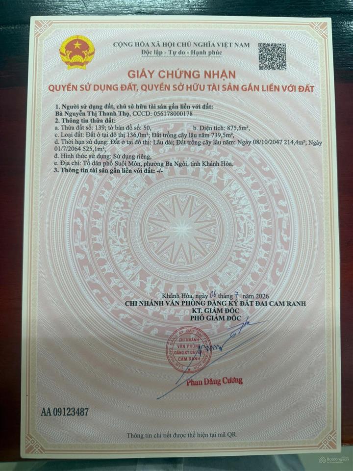 Lập định, suối môn, phường ba ngòi cam ranh 875 m2 giá chỉ 150 triệu/m ngang