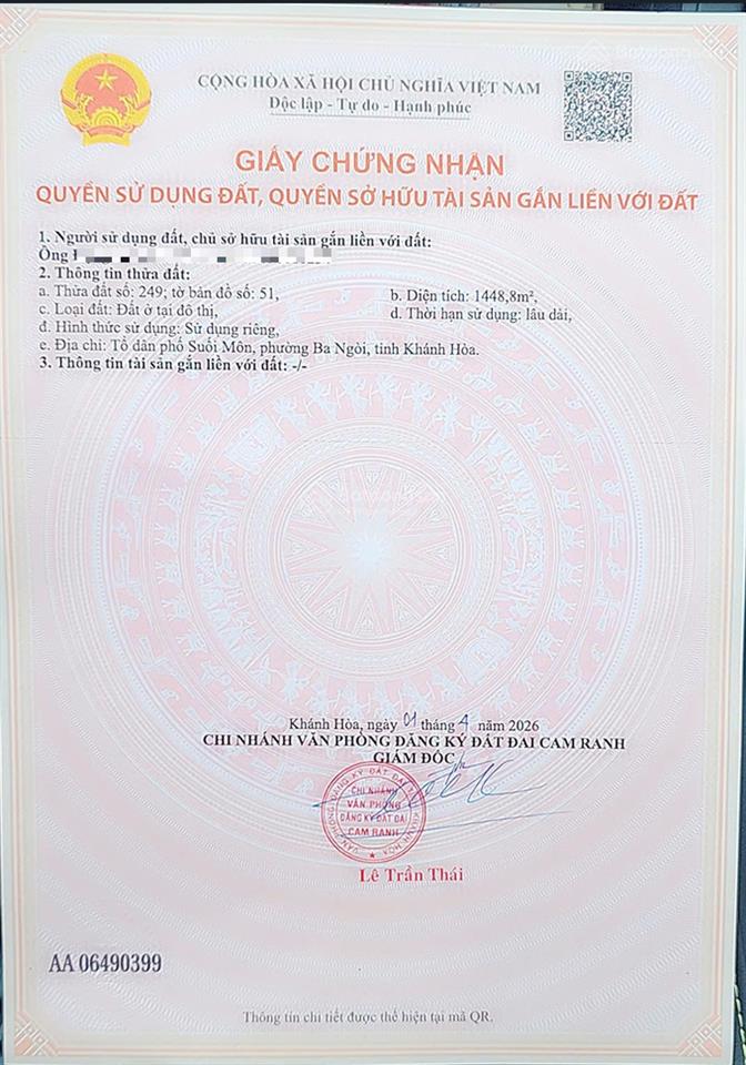 Suối môn ba ngòi khánh hòa 1.448m2 full thổ cư giá chỉ 4,5 triệu/m2