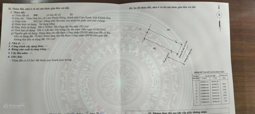 Hòa an, cam phước đông, cam ranh, 363,1m2 ngang 10m giá 1 tỷ 100 triệu