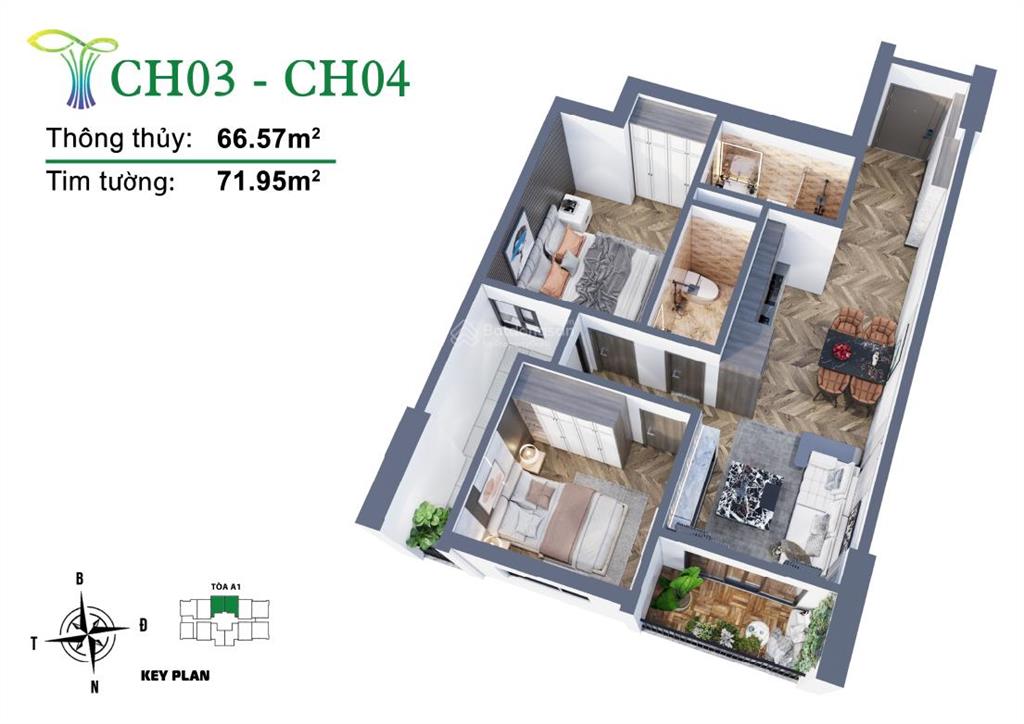 Căn 2pn cửa ngõ tt thái nguyên dttt 71,95m2