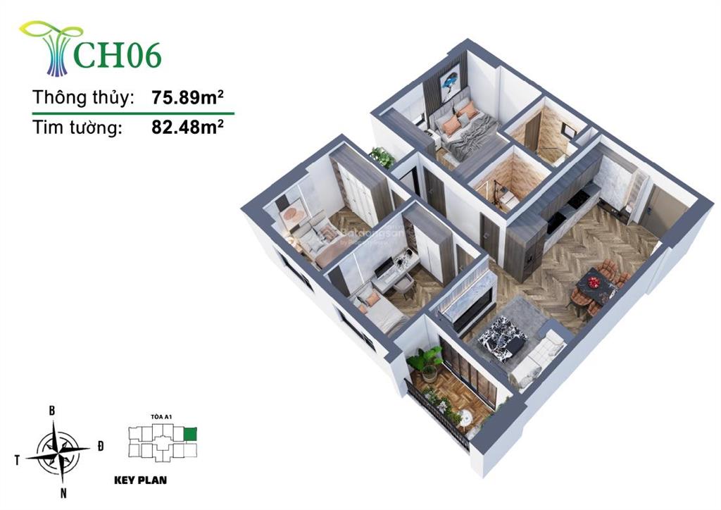 Căn 2pn cửa ngõ tt thái nguyên dttt 71,95m2