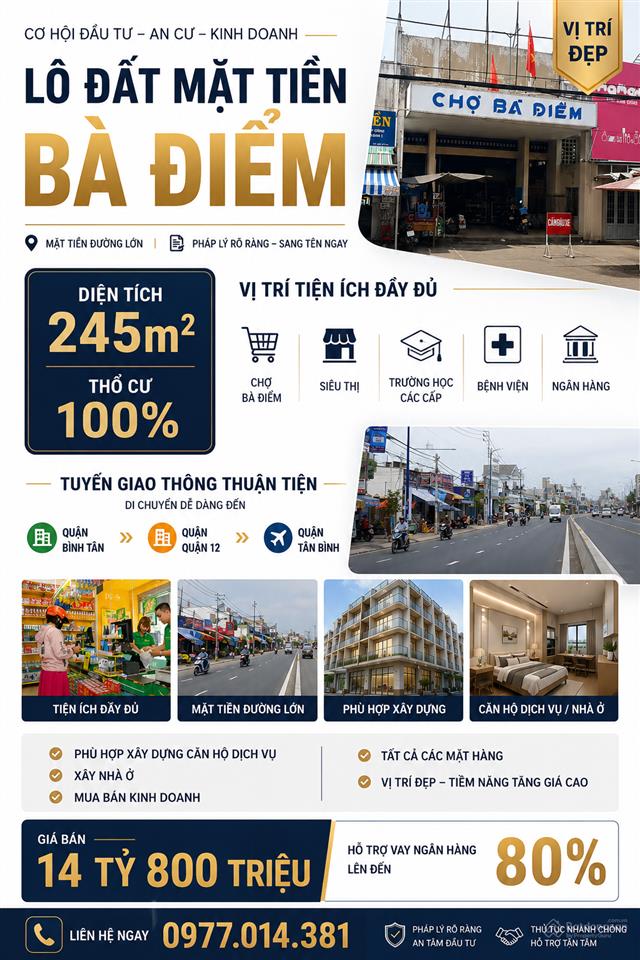 Cần bán gấp lô mặt tiền  245m2 thổ cư  ngay bà điểm  giá 14ty800 tl