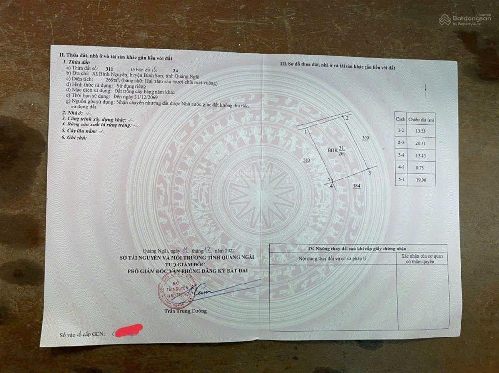 Bán đất 269m2, 230 triệu, quốc lộ 1a, bình nguyên, bình sơn, quảng ngãi