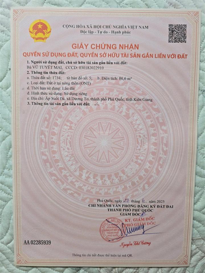 Chính chủ bán 86,6m2 đất full thổ cư sẵn sổ trung tâm phú quốc