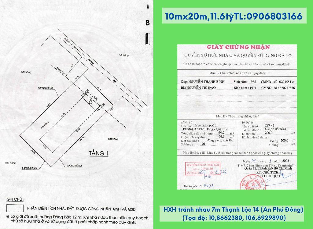 Bán đất chính chủ,10x20m,HXH tránh nhau 7m Thạnh Lộc 14-15(An Phú Đông)