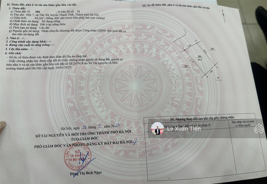 Đất xây trọ 64.2m2 mt gần 6m tại tân xã, hòa lạc, đường thông, 2 ô tô, sát đh10. chỉ 3.017 tỷ