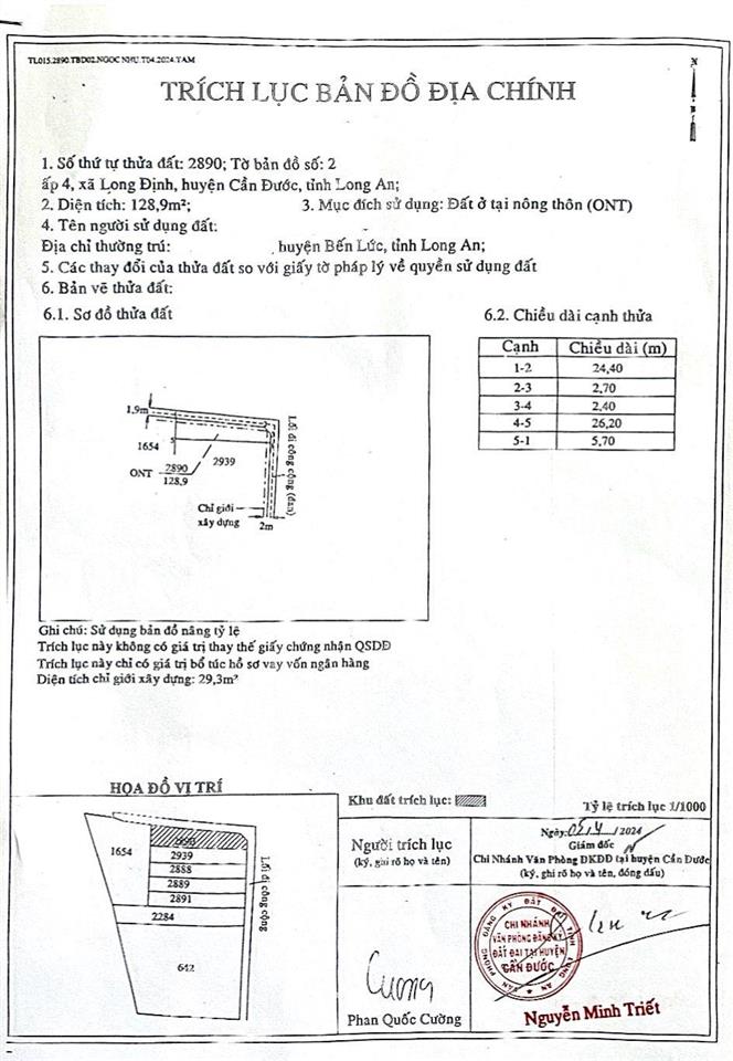 Bán nền góc 2mt 128.9m2 cách 70m đường 830, giá 1 tỷ, xã long cang, tây ninh