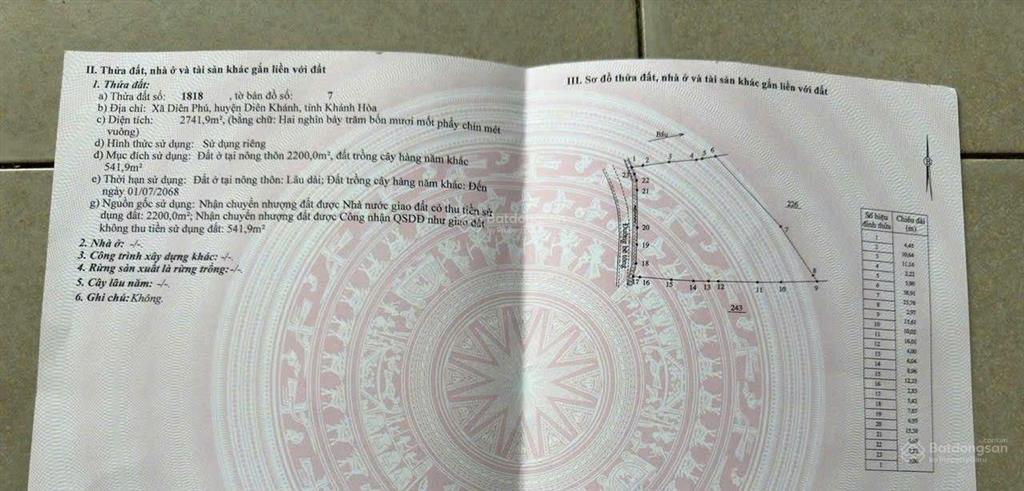 Bán đất tại mương thảo, diên phú, huyện diên khánh, 6,9 triệu/m2, 2741 m2, hàng hiếm chỉ với