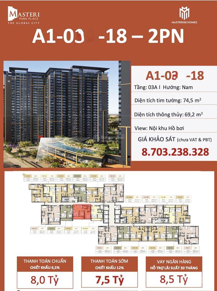 Bán căn 2pn the global city giá tốt nhất thị trường, tháp a1 74.5m2 thanh toán đến 2028 giá 8,704tỷ