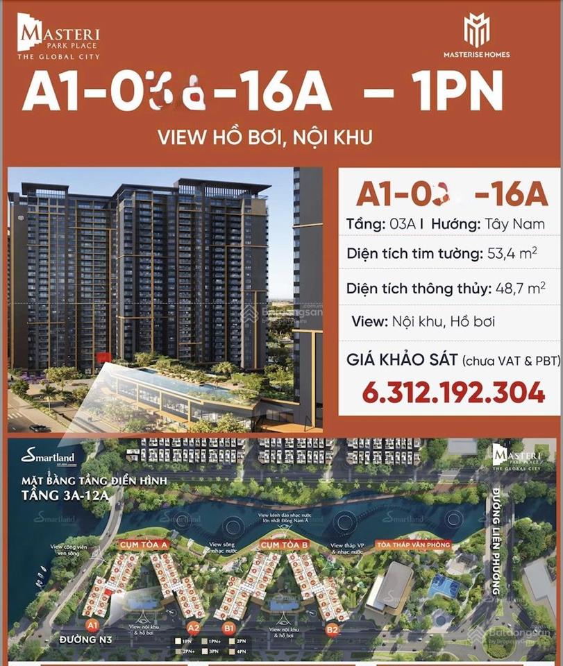 Bán căn 1pn the global city giá tốt nhất thị trường, tháp a1 53m2 thanh toán đến 2028 giá 6,313 tỷ