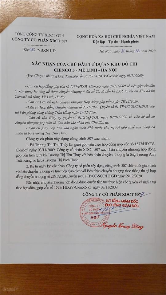 Chính chủ bán lô góc đất đẹp nhất dự án cienco5 mê linh gần dự án sungroup và mik group, giá tốt