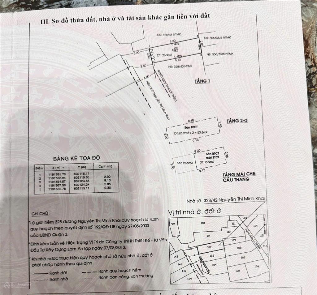 Chính chủ bán nhà trung tâm quận 3 hẻm 306 nguyễn thị minh khai 3 x 9.5 3 lầu st 6 tỷ 8 hẻm 3m5