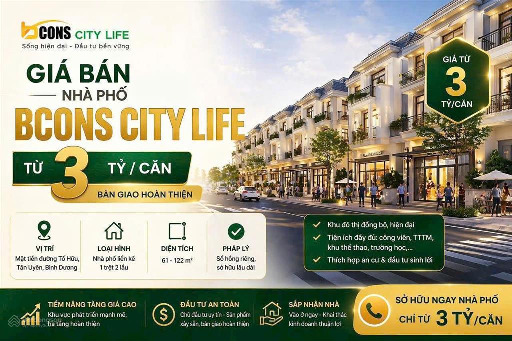 Bán nhà phố bcons city life  70m2  3 tầng btct  tân uyên, bình dương  chỉ từ 3 tỷ/căn.