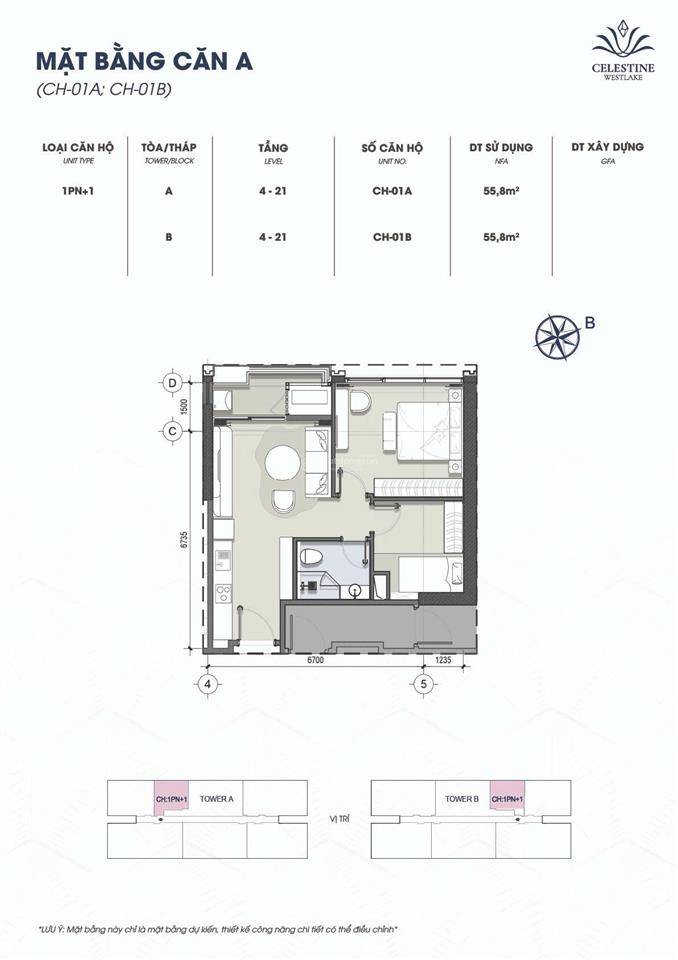 Căn hộ 1pn  celestine westlake  trần cao 4.2m  sẵn slot ô tô  view ciputra  0363 985 ***
