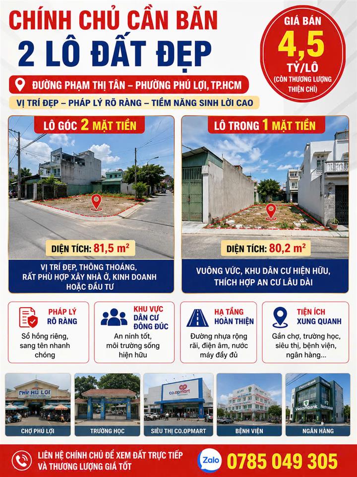 CHÍNH CHỦ CẦN BÁN 2 LÔ ĐẤT ĐẸP ĐƯỜNG PHẠM THỊ TÂN – PHƯỜNG PHÚ LỢI, TP.HCM vị trí đẹp,