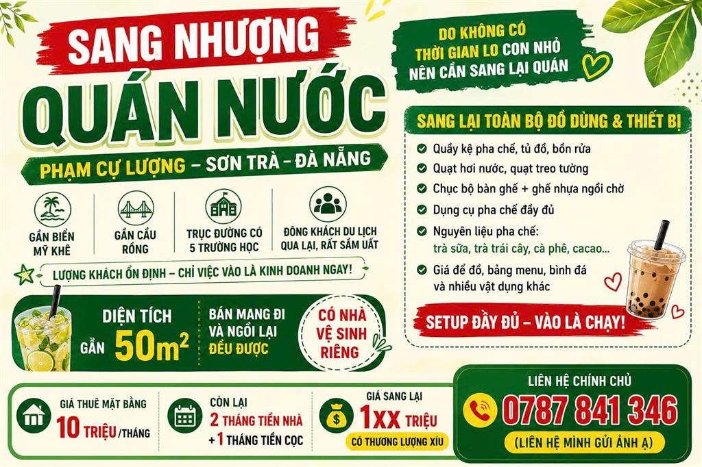 Chính Chủ cần sang nhượng lại quán nước ở Phạm Cự Lượng Sơn Trà gần biển Mỹ Khê