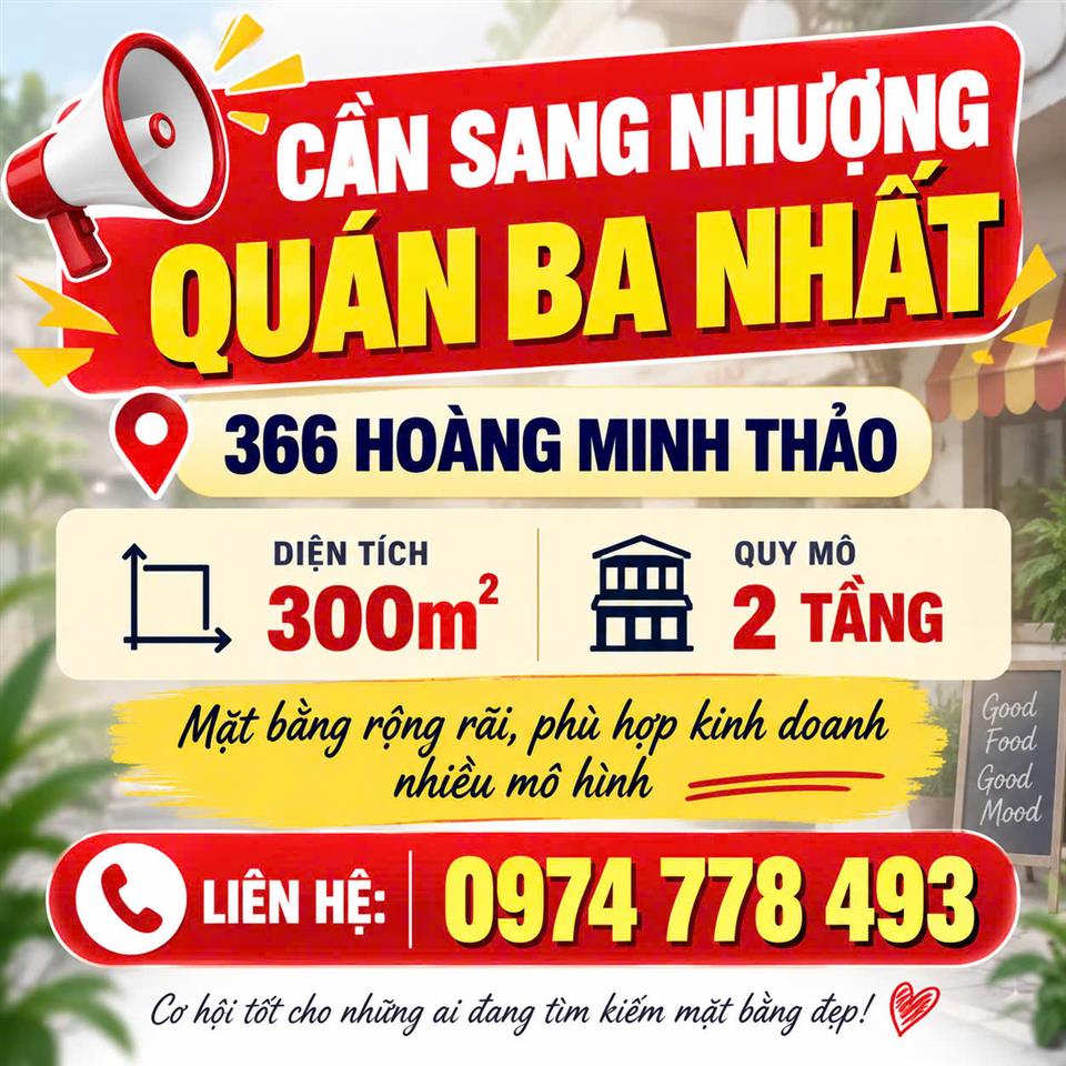 CẦN SANG NHƯỢNG QUÁN Địa chỉ: Quán Ba Nhất – 366 Hoàng Minh Thảo Mặt bằng rộng rãi, phù