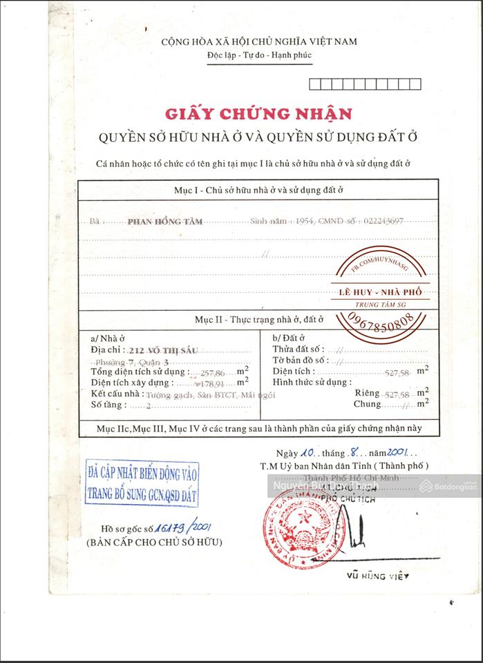 Bán nhà mt 212 võ thị sáu ,quận 3 diện tich 22x30m dtcn 527,8m gía 338 tỷ thương lượng