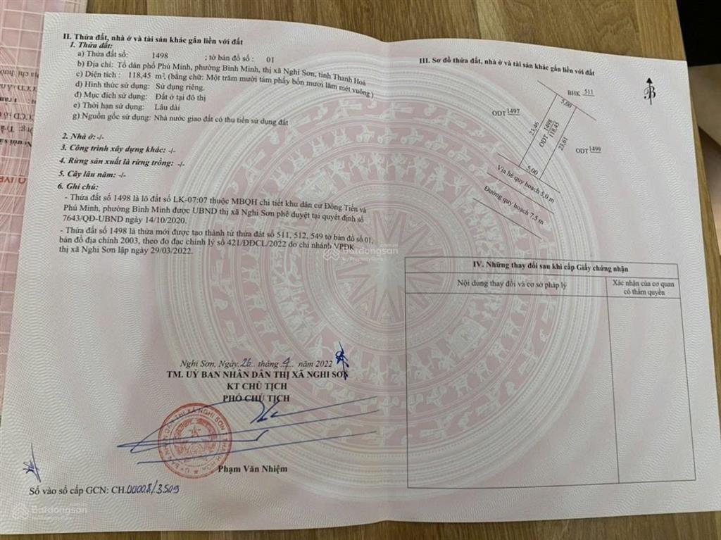 Chính chủ cần tiền bán lỗ 2 lô liền kề 5x23.5m thuộc phú minh, bình minh, nghi sơn