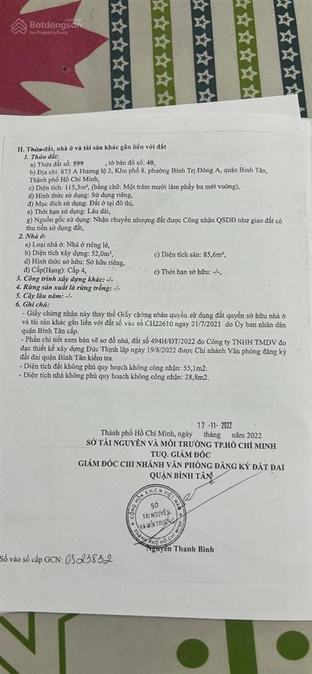 Bán nhà mặt phố 873a hương lộ 2, 170m2 có 115 thổ cư, giảm kịch sàn còn 10,7 tỷ