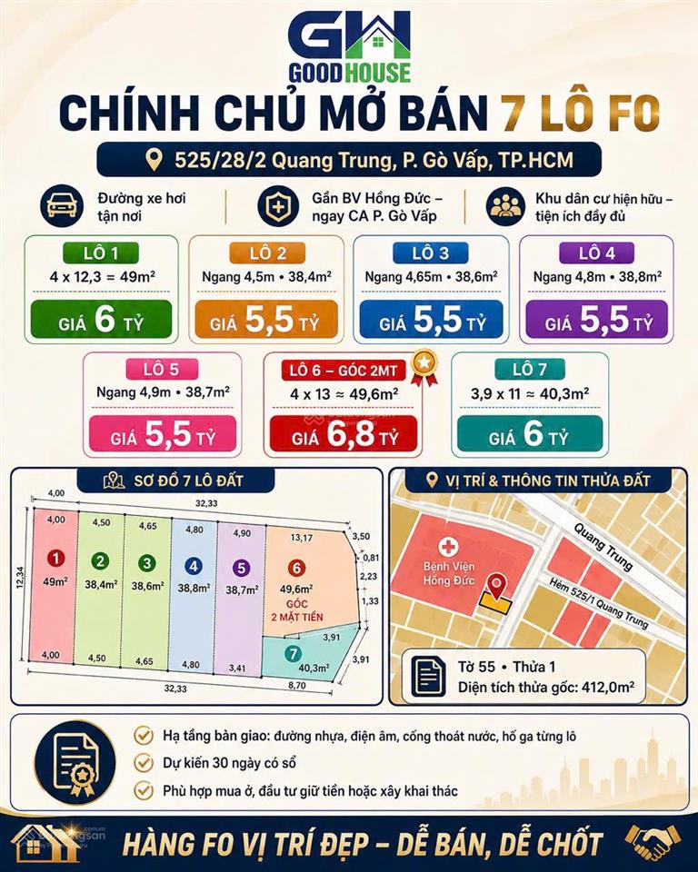 Mở bán lô đất ngay 525/28 quang trung giá từ 5,5ty/lô dt 3949m2 hẻm xe hơi có giá tốt cho f0