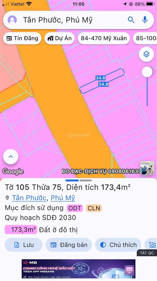 Kẹt tiền bán lô đất 5x34m 100 thổ cư mặt tiền đường hùng vương tp phú mỹ giá 4,6ty