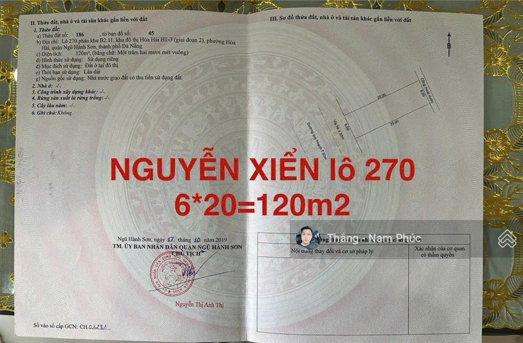 Bán nhanh đất biển nguyễn xiển, ngũ hành sơn  gần sát bãi tắm sơn thủy  120m2 ngang 6m