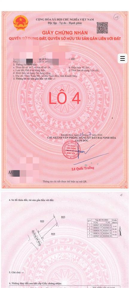 Bán đất gần biển dốc lết bắc ninh hòa 92,5m2 full thổ cư giá rẻ chỉ 555tr